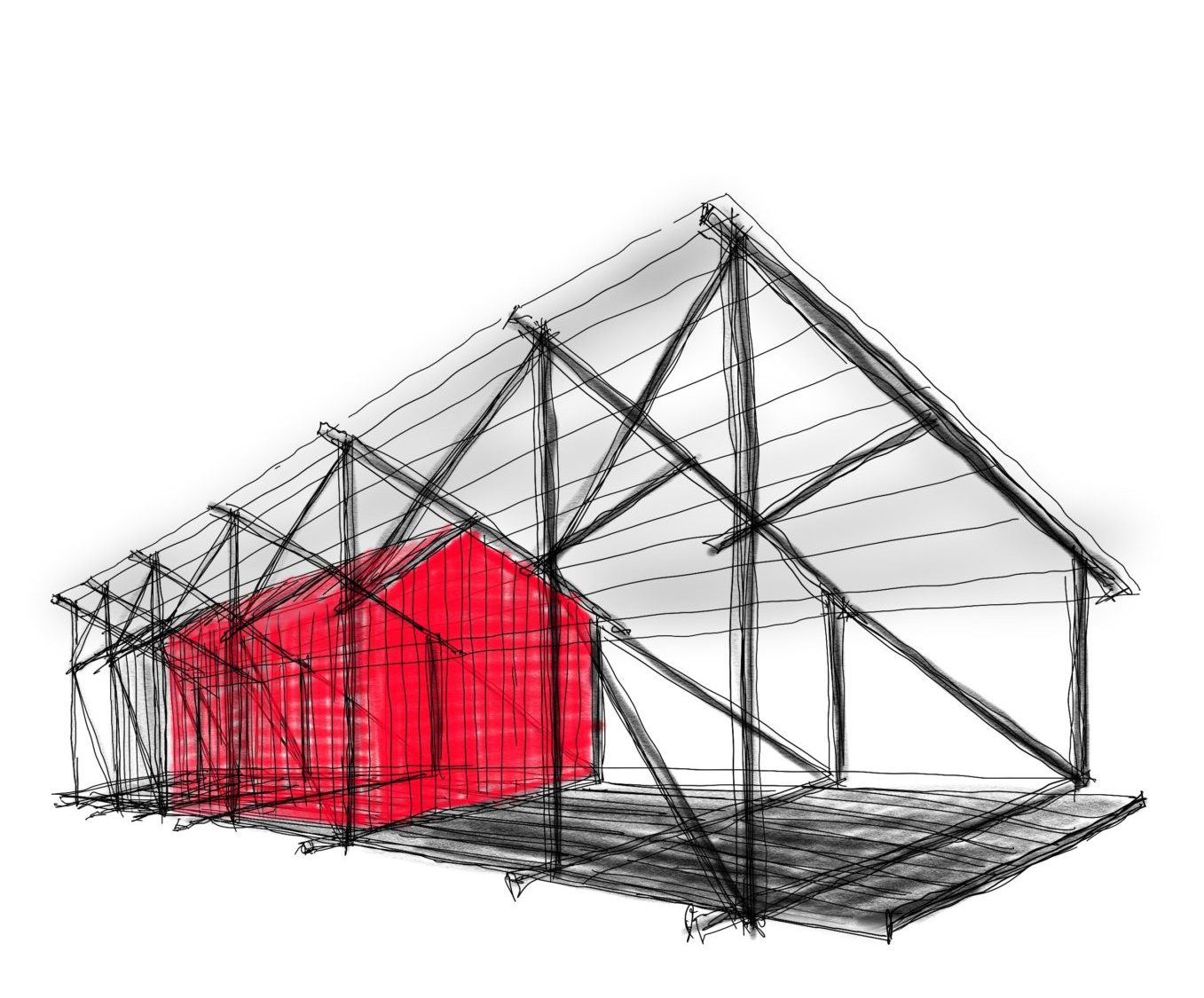 altán 2,5m x 6m, výška 3 a 2 m. Rastr konstrukce po 1m.